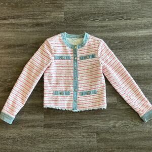 Ecru Tweed Denim Jacket Pink Multi Fringe Trim Cropped Blazer XS